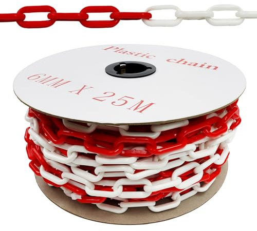 Vigil Plastic Barrier Chain for Safety Control - Barrier Fencing for Queue Management - Chain Link Fencing for Temporary Barriers - Safety Barrier with High Visibility - 25m - Red & White