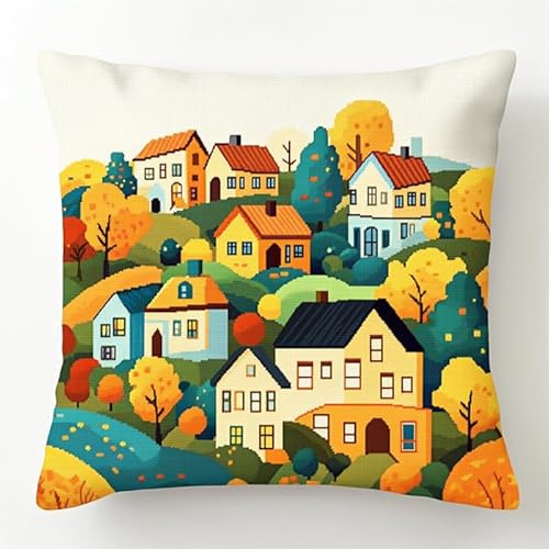 WallustrioaW Kissen Knüpfen Kit Landschaft,Stadt mit bunten Häusern,Knüpfkissen Set Für Anfänger Erwachsene Oder Kinder Zum Selber Knüpfen,DIY Knüpfteppich Knüpfpackung,43x43cm
