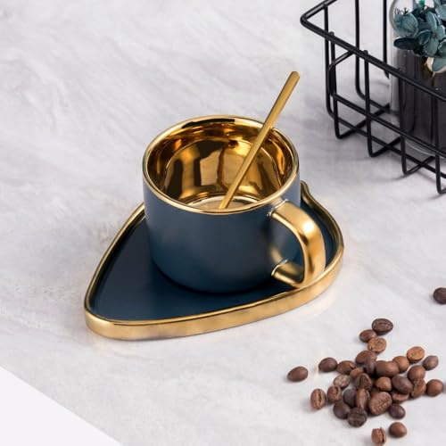 FülleMore Porzellan Cappuccinotasse mit Untertasse Goldrand Espressotasse 200ml Mokkatasse Kaffeetasse Set Kaffeeservice Set für Café Espresso Latte Mokka (Blau)