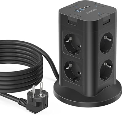 Steckdosenleiste 8 Fach mit einzeln Schaltbars, Mehrfachstecker mit 2 USB-C | Steckdosenturm mit 4x USB, 1050 J Überspannungsschutz Steckdose, Leistung: 3680 W / 16 A, 2 m für Zuhause und Büro