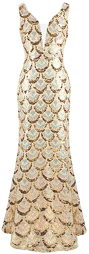 Angel-fashions Langes Abendkleid für Damen, V-Ausschnitt, Blumenmuster, Pailletten, Blau, Meerjungfrau