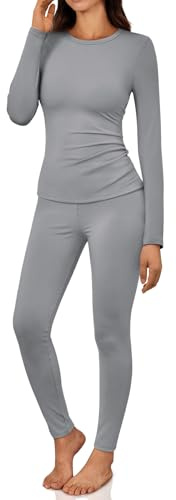 LILLUSORY Womens Long Johns Thermal Underwear Fleece Lined Leggings Warm Pajama Pants Set Shirts Winter Clothes 2026 Grey S