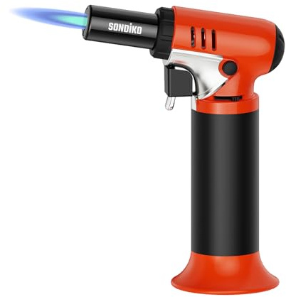 Sondiko Kitchen Blow Torch with Fuel Gauge S907, Refillable Soldering Torch Lighter with Safety Lock and Adjustable Flame for Desserts, Creme Brulee, Welding, Orange & Black (Butane Not Included)
