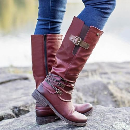 Womens Knee High Boots For Women Mid Calf Chunky Heel Slip On Round Toe Boots With Low Heel Dressy Vintage Leather Ankle Biker Riding Combat Wide Calf Winter Booties For Ladies