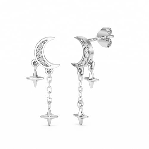 Heather Needham Silver CZ Moon and Star Drop Stud Earrings Rhodium Plated Sterling Silver, 22mm Dangle Earrings for Women, Gift Boxed 627