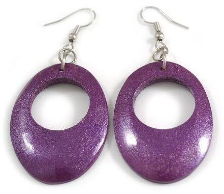 Midnight Amethyst – Purple Wooden Oval Drop Earrings – 65mm Long with Glossy Finish