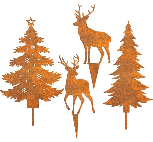 Forbabe 4 Stück Gartenstecker Weihnachten, Tannenbaum Elch Weihnachtsdeko Roststecker Metall Gartendeko, Rost Deko Baumstecker für Advent/Weihnachten/Garten/Terrasse/Balkon/Blumentopf