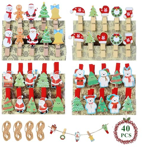 Kleine Holzklammern Weihnachten 40 Stück, QXRXN Wäscheklammern Holz Klein mit Jute Schnur, Mini Deko Klammern Weihnachten mit Weihnachtsmotiv für Fotos Fotowand Postkarten Briefen Weihnachtsdeko