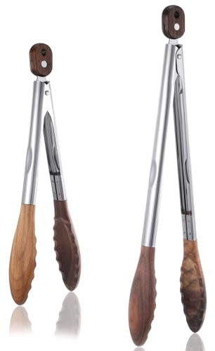 Oqqlin 2 Pcs Wooden Tongs for Cooking, 9 & 10 Inch Durable Salad Tongs with Walnut Wood Tip Multifunctional Stainless Steel Handle Kitchen Tong for Serving Food, Bread, BBQ, Tossing Salad - Lock Dsign