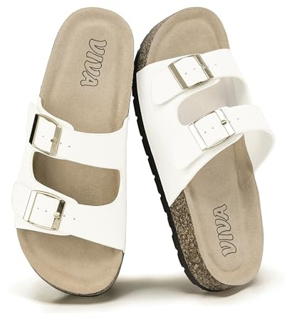 VIVASHOES Women’s Double Buckle Cork Footbed Sandals - Adjustable Flat Slide Sandals for Ladies - Comfortable Open Toe Summer Slippers - White UK 4