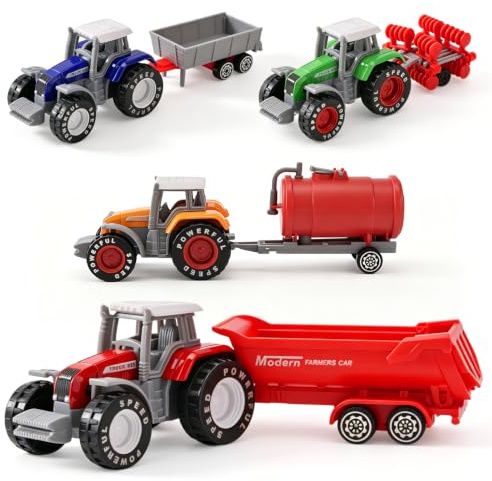 LTFIOON Set de 4 Tractores de Juguete con Remolque Desmontable | Tractores Miniaturas para Niños desde 3 Años – Modelos de 4 Colores, Regalo de Cumpleaños para Niños y Niñas