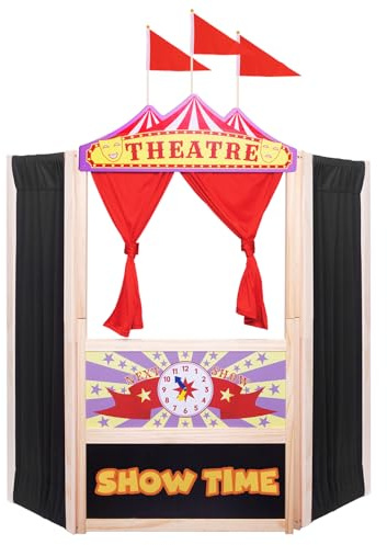 Wooden Puppet Theater, Upgraded, Double Doors With Curtains, Blackboard and Clocks, 12 Piece Colorful Chalks Included, Large Size 44 Inch x 45 Inch, Can Accommodate 3-4 Performers at The Same Time