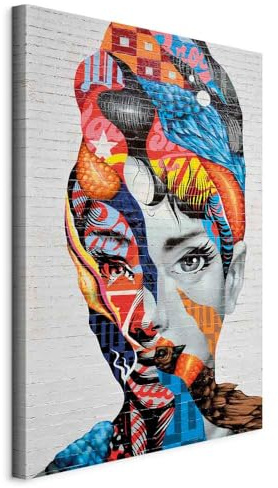 B&D XXL - Wandbilder XXL Graffiti 80x120 cm 1 tlg - Wand Deko Vlies Leinwand Bilder Groß Wanddeko Wohnzimmer Schlafzimmer Kunstdrucke - Frau Gesicht Mural Ziegeloptik bunt h-B-0027-b-a