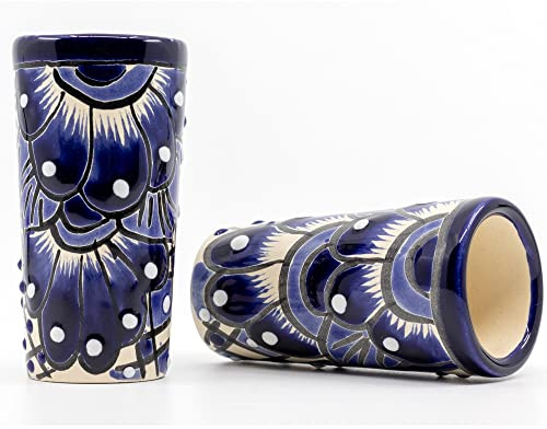 Casa Fiesta Designs Mexican Shot Glasses, Hand-painted Ceramic Tequila Shot Glass Made in Mexico - Great for Tequila, Mezcal and Sangrita, 2 oz set of 2 - Blue and White - Tequilero Azul y Blanco