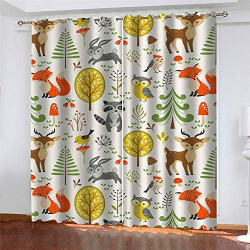 Kind 2er-Set Verdunkelungs Vorhang,Wald Tiere Muster Kinder Gardinen Ösen Gardine Thermo Polyester Schlafzimmer Vorhänge Dekoratives Muster Européen 245 x 280 cm (HxB)