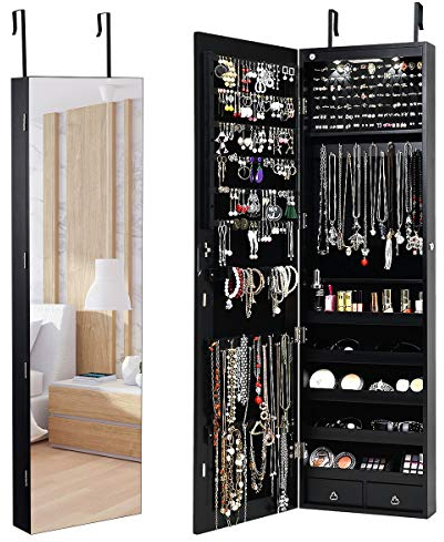 RELAX4LIFE Schmuckschrank Hängend, Spiegelschrank mit LED-Beleuchtung & Spiegel & Schloß, Schmuckorganizer für Ohrring & Armband & Kette & Ring & Kosmetik, Tür- & Wandmontage, 120x35,5x10cm (Schwarz)