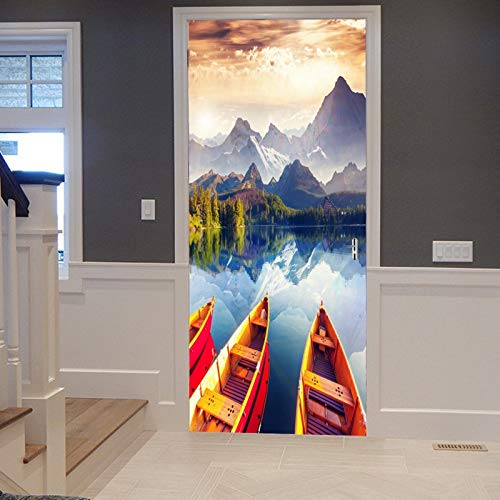 A.Monamour Türtapete Selbstklebend Türfolie Türposter 3D Berg Wald Bäume Seen Boote Bewölkten Himmel Natur Landschaft Vinyl Folie Türdeko Tapete Wandbild Türaufkleber Türtattoo 90 x 200 cm