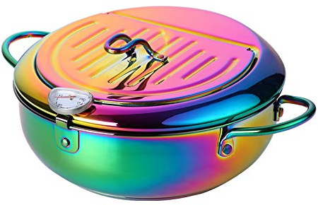 Meisha Deep Fryer Pot, Stainless Steel with Temperature Control and Lid Japanese Style Deep Frying Pan - for Tempura, French Fries, Chicken Steak, Shrimp, Squid, Biscuit （Diameter: 9.8）- Rainbow