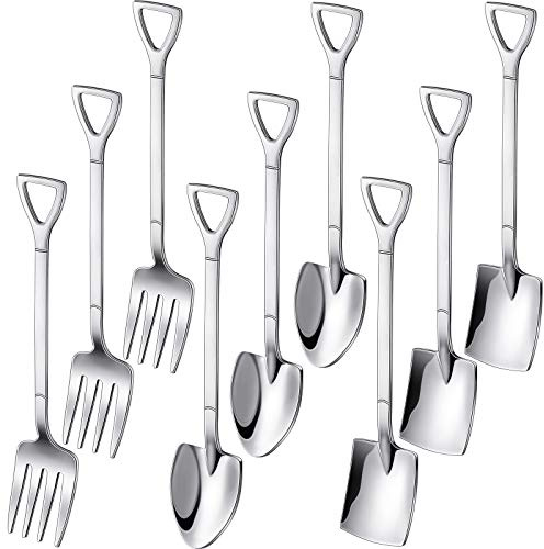 9 Pcs Silver Mini Shovel Spoons and Fork Set for Desserts Include 3 Shovel Shape 3 Pointed and 3 Stainless Steel Fork Ice Cream Spoons for Home Party Kitchen Restaurant Bistro