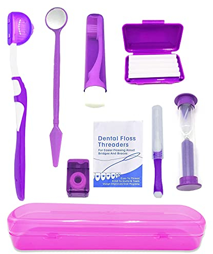 HRASY Portable Orthodontic Oral Care Kit for Braces - Interdental Brush Dental Wax Dental Floss Toothbrush Cleaning Kit(Purple)