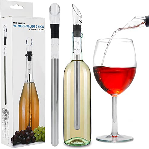 3 in 1 Wine Cooler, Wine Bottle Chiller Stick with Pourer & Aerator, Stainless Steel Wine Cooler Stick Set Wine Chill Rod Easy to Use for Home Cooking Accessories, Bar, Party, BBQ, Wedding