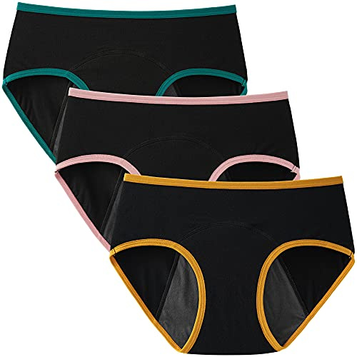 INNERSY Bragas Menstruales Niña Algodón Flujo Ligero, 10-12 Años, 3 Negro