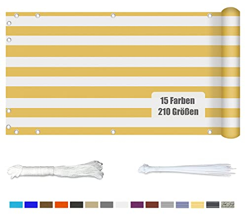 KUZRZNH Balkonabdeckung, 85x400CM Balkonumspannung Balkonabdeckung mit Ösen, Wasserdicht Blickdichte Wind- und UV-Schutz Balkonverkleidung für Terrasse & Zaun, Gelb und weiß
