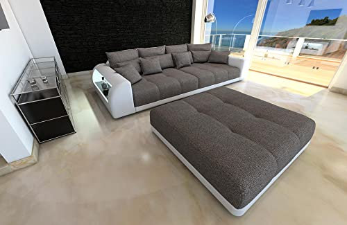 Big Sofa Miami Hugo mit USB Anschluss und LED-Beleuchtung wahlweise mit Hocker/Leder/Strukturstoff/Zierkissen (ohne Hocker, Weiß-Hugo 3)
