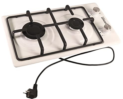 GARDINGER Haushaltskocher Prime weiß emailliert zweiflammig Propankocher Gaskocher Piezo (230 V) Zündsicherung Outdoorküche als Einbaugerät oder Standgerät