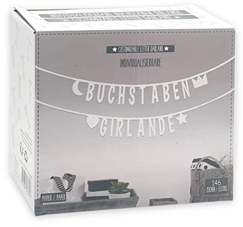MIJOMA Buchstabengirlande individualisierbar Weiß – 146 Zeichen aus Papier – Wiederverwendbare Deko für Geburtstag, Hochzeit, Feier & Junggesellenabschied