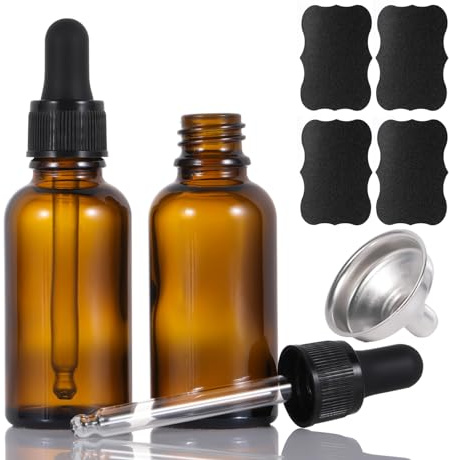 ALIFEIA 2 Pack små 30 ml glasflaskor, dropppipetter glasflaskor, bärnsten med tratt i rostfritt stål för eteriska oljor, parfymer, aromaterapi, kemiska laboratorier