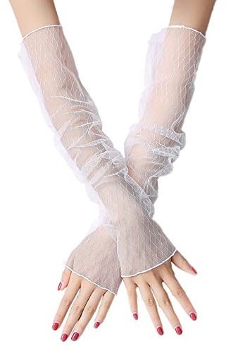 Wambere 1 Paar Damen Kühlung Arm Ärmel Lange Ultradünne Fingerlose Ellbogen Sommerhandschuhe Sonnenschutz UV Schutz Kühles Netz Tül Fingerlose Armstulpen Perfekt Party Outdoor Sportaktivitäten,Weiß D