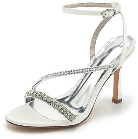 Sandalias con Tiras en el Tobillo para Mujer, Diamantes de imitación de satén, Punta Abierta, Zapatos de tacón Medio Alto, Romanas de tacón Alto para Fiesta, Boda, Novia,Marfil,37 EU