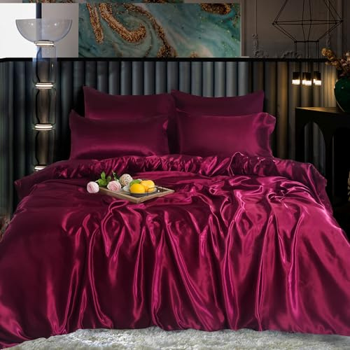 XXR Burgandy Satin Silk Complete Bedding Set Duvet Cover Fitted Sheet 4 Pillow Cases 6 Pcs (Burgandy, Double)