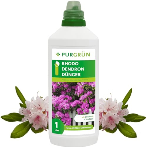 Purgrün® Rhododendrondünger 1 Liter – Wunderelixier für Farbexplosion & Vitalität – Organisch-mineralische Rezeptur – Premium-Flüssigdünger mit Spurennährstoffen – NPK 8+8+6 – Mit Guano & Aqua Plus