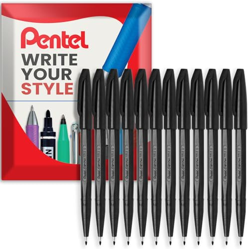 Pentel S520 Original Sign Pen Fasermaler, Fineliner, 2 mm Spitze, 1 mm Linie, in Kissenverpackung, Schwarz, 12 Stück