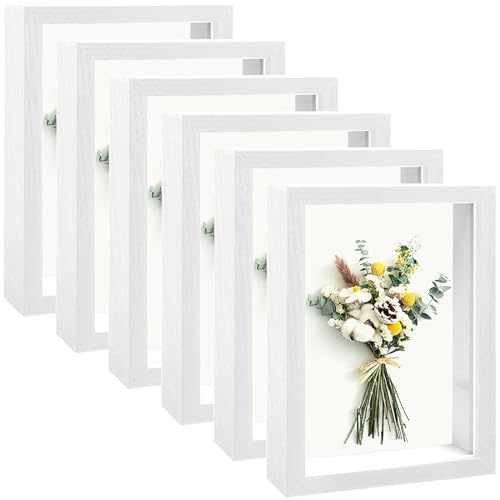 6 Pack Wood Shadow Box Picture Frames, 5 x 7 Inch, White | Deep Display Cases for Dried Flowers, Photos, Medals, Craft, Memorabilia, Suitable for Wall or Tabletop Display