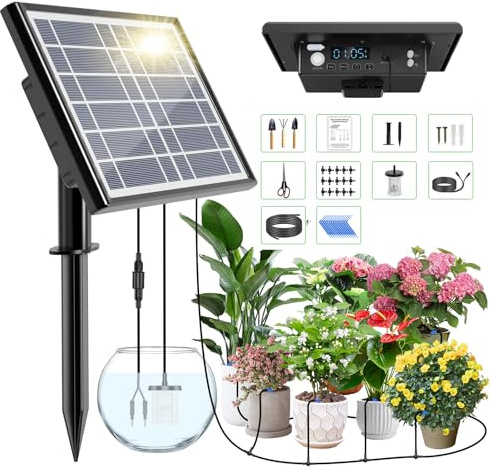 49FT Solar Drip Irrigation Kit with Digital Screen, Auto Watering Kit for 15 Pots, Solar-Powered Plant Watering,434 Timer Modes, 900ml/min Flow Indoor/Outdoor Garden, Balcony & Patio Irrigation System