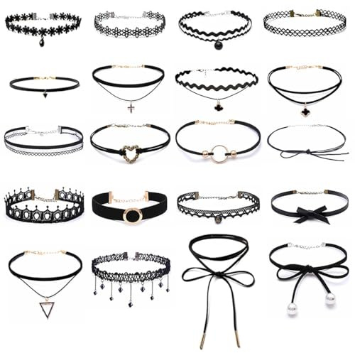 SULIUDAJI 20-teiliges Choker-Halsketten-Set, Samt-Gothic-Tattoo-Spitzen-Choker, Damen-Choker, Schwarz, geeignet für Frauen und Mädchen, verstellbarer Gothic-Tattoo-Spitzen-Choker
