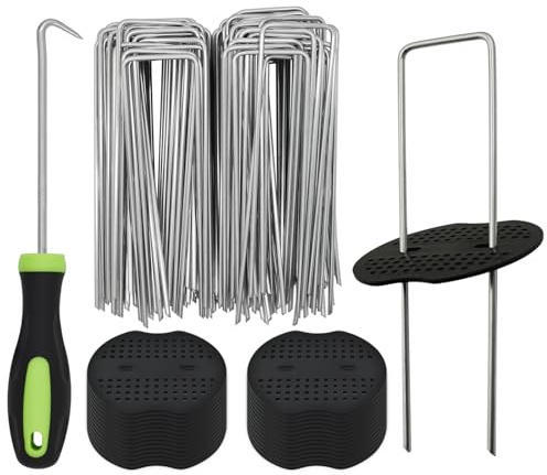 BDS-HOME Juego de 100 grapas resistentes para jardín y junta de fijación con 1 extractor de uñas, grapas de césped en forma de U de calibre 11 para mangueras de riego, barrera de malezas de patio,