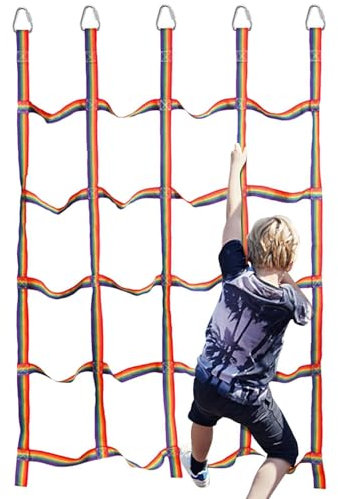 Kletternetz – Kletternetz Rainbow Cargo | Außenleiter aus Gurt für Hindernisse, hohe Festigkeit, 57 x 72,8 Zoll, tragbares Kletterseilnetz, Spielausrüstung