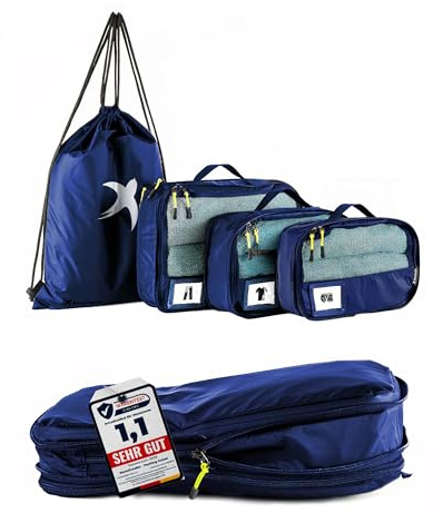 SEESCHWALBE Packing Cubes Compression für Koffer und Rucksack mit Packbeutel | mehr Platz im Koffer oder Backpack durch Kompression | Packwürfel Rucksack für deine Wander Ausrüstung (4-teilig, blau)
