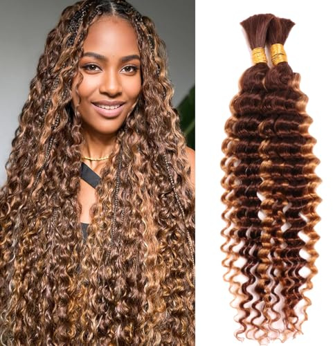 Extensions de cheveux humains ondulés profonds en vrac pour tressage - 10A - Cheveux humains brésiliens bouclés - Sans trame - Pour tresses bohème (P4/27#, 40,6 cm, 100 g (50 g x 2 trames)