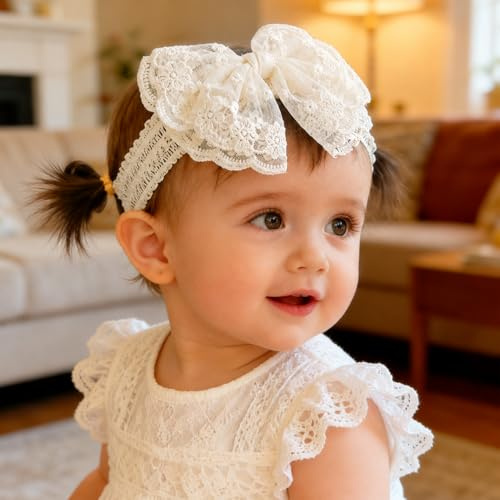 Baby flicka pannband baby blomma elastiskt pannband rosett spetsar mjukt hårband fjäril knutar satinband hårsmycke baby presenter för nyfödda (stor krämfärgad rosett)
