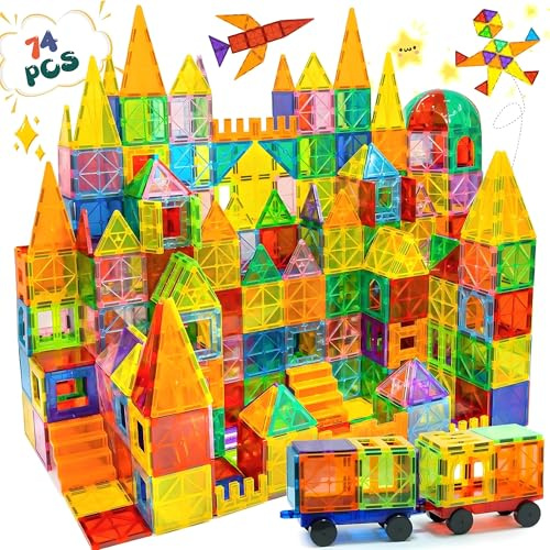 Olvy Bloques Magnéticos Montessori Juguetes - 74 Ladrillos Magnéticos para Niños - Juego de Construcción Magnética Desde 3 Años - Bloques Magnéticos de Smart Playground (74 Ladrillos Magnéticos)