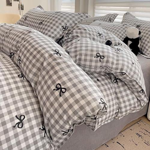 Gitter-Bettbezug-Set für Kinder und Mädchen Süßes Mikrofaser-Bettwäsche 135x200 mit Schleife und Kariertem Muster Weiß und Grau Wendbares Design Bettbezug mit Kissenbezug Reißverschluss Doppelbett