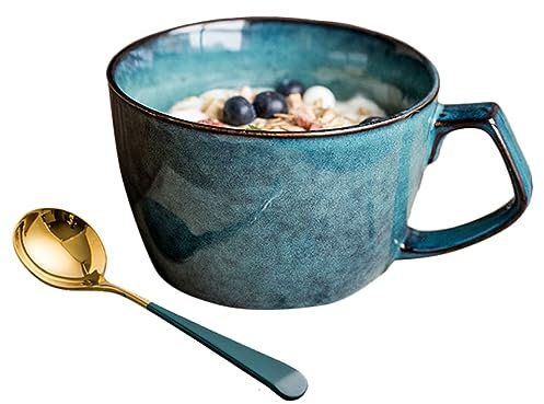 JKXLSLAX Porcelain Oatmeal Mug with Handle Retro Blue Breakfast Cup Fruit Yogurt Dessert Cup Instant Noodle Soup Bowl with Spoon