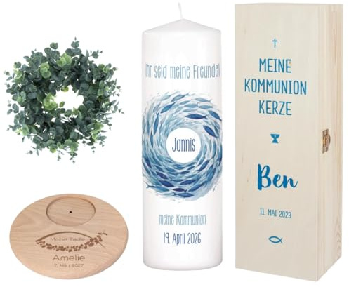 Striefchen® Personalisierbare Kerze für kirchliche Anlässe mit Name, Datum & Wunschtext – 3 Farbvarianten – Motiv Fischschwarm zur Taufe, Kommunion, Firmung oder Konfirmation (Blau)