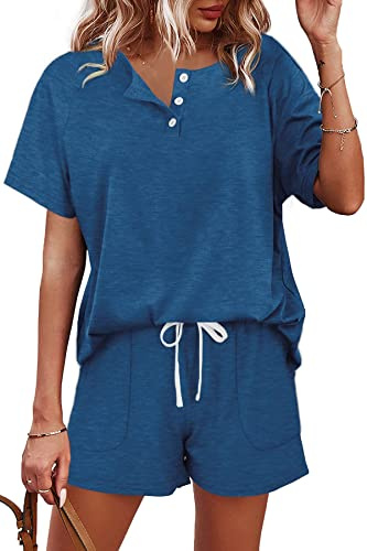 Desol dam tracksuit kortärmad sommar loungewear tvådelad button-down toppar och shorts outfit joggare träningsoverall set, blå, XXL