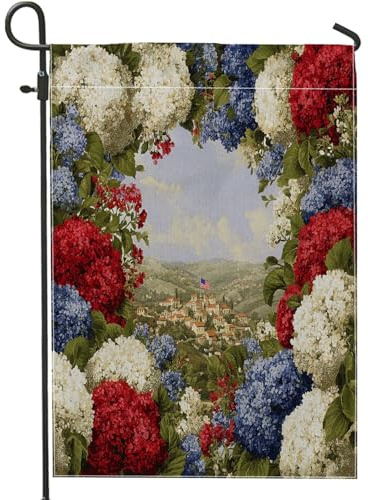 Drapeau floral d'été patriotique pour jardin, bannière de vacances d'hortensia rouge, blanc, bleu, bannière de vacances, drapeau de cour double face, décoration de pelouse extérieure, 71 x 101,6 cm